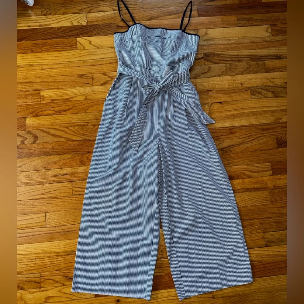 J.‎ CREW Striped Cotton Cropped Jumpsuit Tie Waist Belted Navy Blue White size 2
